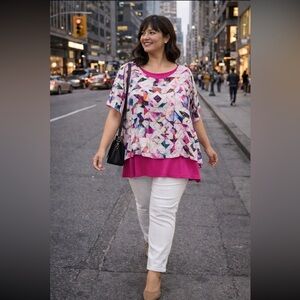 Vintage Joseph Ribkoff Tunic Top Flowy Layered Geometric Neon Pink Stretchy 18.